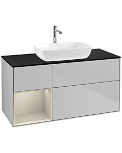 Villeroy und Boch Finion Waschtischunterschrank F822HHGJ 120cm, Abdeckplatte black matt, Regale sand matt lacquer, Light grey matt