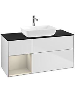 Villeroy und Boch Finion Waschtischunterschrank F822HHMT 120cm, Abdeckplatte black matt, Regale sand matt lacquer, White matt lacquer
