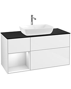 Villeroy und Boch Finion Waschtischunterschrank F822MTGF 120cm, Abdeckplatte black matt, Regale White matt lacquer, Glossy white lacquer