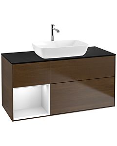 Villeroy und Boch Finion Waschtischunterschrank F822MTGN 120cm, Abdeckplatte black matt, Regale White matt lacquer, Walnut veneer