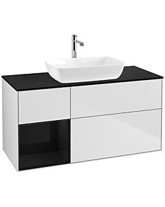 Villeroy und Boch Finion Waschtischunterschrank F822PHMT 120cm, Abdeckplatte black matt, Regale Glossy black lacquer, White matt lacquer