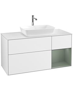 Villeroy und Boch Finion Waschtischunterschrank F831GMGF 120cm, Abdeckplatte white matt, Regale Olive matt lacquer, Glossy white lacquer