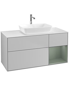 Villeroy und Boch Finion Waschtischunterschrank F831GMGJ 120cm, Abdeckplatte white matt, Regale Olive matt lacquer, Light grey matt