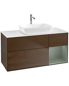 Villeroy und Boch Finion Waschtischunterschrank F831GMGN 120cm, Abdeckplatte white matt, Regale Olive matt lacquer, Walnut veneer
