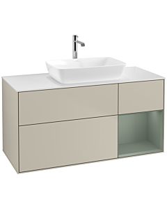 Villeroy und Boch Finion Waschtischunterschrank F831GMHH 120cm, Abdeckplatte white matt, Regale Olive matt lacquer, Sand Matt Lacquer