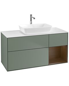 Villeroy und Boch Finion Waschtischunterschrank F831GNGM 120cm, Abdeckplatte white matt, Regale Walnut Veneer, Olive Matt Lacquer