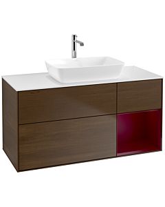 Villeroy und Boch Finion Waschtischunterschrank F831HBGN 120cm, Abdeckplatte white matt, Regale Peony matt lacquer, Walnut veneer