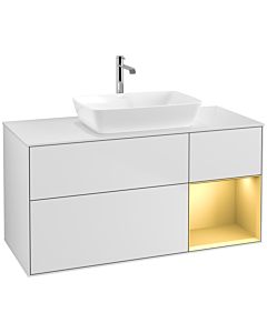 Villeroy und Boch Finion Villeroy und Boch F831HFMT 120cm, plaque de recouvrement blanc mat, étagères laqué or mat, laqué blanc mat