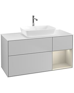 Villeroy und Boch Finion Villeroy und Boch F831HHGJ 120cm, plaque de finition blanc mat, étagères laqué sable mat, gris clair mat