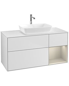 Villeroy und Boch Finion Waschtischunterschrank F831HHMT 120cm, Abdeckplatte white matt, Regale sand matt lacquer, White matt lacquer