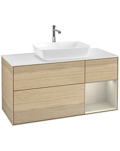 Villeroy und Boch Finion Waschtischunterschrank F831HHPC 120cm, Abdeckplatte white matt, Regale sand matt lacquer, Oak Veneer