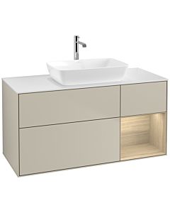 Villeroy und Boch Finion Waschtischunterschrank F831PCHH 120cm, Abdeckplatte white matt, Regale Oak Veneer, Sand Matt Lacquer