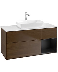 Villeroy und Boch Finion Waschtischunterschrank F831PDGN 120cm, Abdeckplatte white matt, Regale Black matt lacquer, Walnut veneer