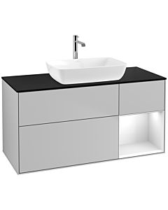 Villeroy und Boch Finion Waschtischunterschrank F832GFGJ 120cm, Abdeckplatte black matt, Regale Glossy white lacquer, Light grey matt