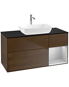 Villeroy und Boch Finion Waschtischunterschrank F832GJGN 120cm, Abdeckplatte black matt, Regale Light grey matt lacquer, Walnut veneer