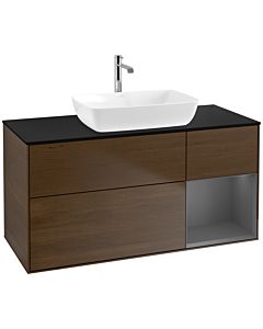 Villeroy und Boch Finion Waschtischunterschrank F832GKGN 120cm, Abdeckplatte black matt, Regale Anthracite matt lacquer, Walnut veneer