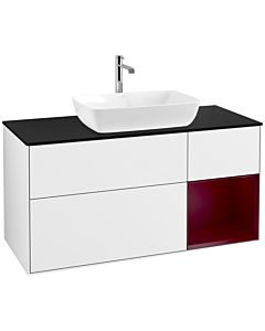 Villeroy und Boch Finion Waschtischunterschrank F832HBGF 120cm, Abdeckplatte black matt, Regale Peony matt lacquer, Glossy white lacquer