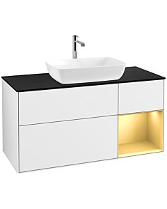 Villeroy und Boch Finion Waschtischunterschrank F832HFGF 120cm, Abdeckplatte black matt, Regale Gold matt lacquer, Glossy white lacquer