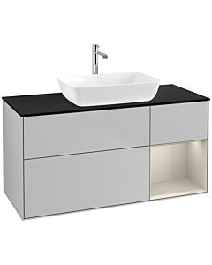 Villeroy und Boch Finion Waschtischunterschrank F832HHGJ 120cm, Abdeckplatte black matt, Regale sand matt lacquer, Light grey matt