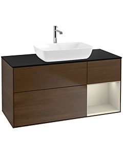 Villeroy und Boch Finion Waschtischunterschrank F832HHGN 120cm, Abdeckplatte black matt, Regale sand matt lacquer, Walnut veneer