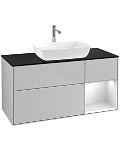 Villeroy und Boch Finion Waschtischunterschrank F832MTGJ 120cm, Abdeckplatte black matt, Regale White matt lacquer, Light grey matt