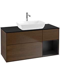 Villeroy und Boch Finion Waschtischunterschrank F832PDGN 120cm, Abdeckplatte black matt, Regale Black matt lacquer, Walnut veneer