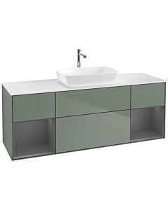 Villeroy und Boch Finion Waschtischunterschrank F861GKGM 160cm, Abdeckplatte white matt, Regale Anthracite matt lacquer, Olive Matt Lacquer