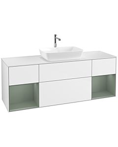 Villeroy und Boch Finion Waschtischunterschrank F861GMGF 160cm, Abdeckplatte white matt, Regale Olive matt lacquer, Glossy white lacquer