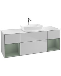 Villeroy und Boch Finion Waschtischunterschrank F861GMGJ 160cm, Abdeckplatte white matt, Regale Olive matt lacquer, Light grey matt