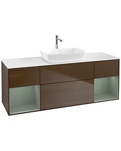 Villeroy und Boch Finion Waschtischunterschrank F861GMGN 160cm, Abdeckplatte white matt, Regale Olive matt lacquer, Walnut veneer