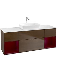 Villeroy und Boch Finion Waschtischunterschrank F861HBGN 160cm, Abdeckplatte white matt, Regale Peony matt lacquer, Walnut veneer