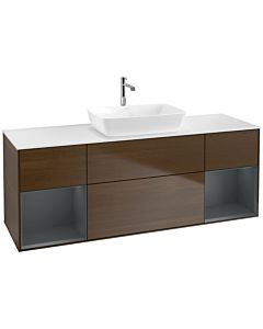 Villeroy und Boch Finion Waschtischunterschrank F861HGGN 160cm, Abdeckplatte white matt, Regale Midnight matt lacquer, Walnut veneer