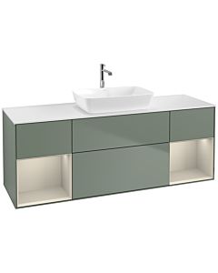 Villeroy und Boch Finion Waschtischunterschrank F861HHGM 160cm, Abdeckplatte white matt, Regale sand matt lacquer, Olive Matt Lacquer