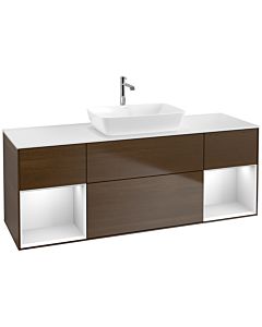 Villeroy und Boch Finion Waschtischunterschrank F861MTGN 160cm, Abdeckplatte white matt, Regale White matt lacquer, Walnut veneer