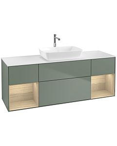 Villeroy und Boch Finion Waschtischunterschrank F861PCGM 160cm, Abdeckplatte white matt, Regale Oak Veneer, Olive Matt Lacquer