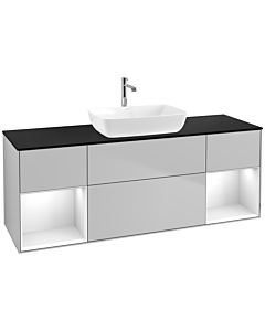 Villeroy und Boch Finion Waschtischunterschrank F862GFGJ 160cm, Abdeckplatte black matt, Regale Glossy white lacquer, Light grey matt