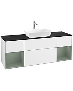 Villeroy und Boch Finion Waschtischunterschrank F862GMGF 160cm, Abdeckplatte black matt, Regale Olive matt lacquer, Glossy white lacquer