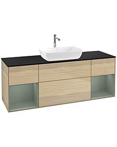Villeroy und Boch Finion Waschtischunterschrank F862GMPC 160cm, Abdeckplatte black matt, Regale Olive matt lacquer, Oak Veneer