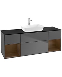 Villeroy und Boch Finion Waschtischunterschrank F862GNGK 160cm, Abdeckplatte black matt, Regale Walnut Veneer, Anthracite matt