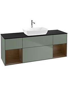 Villeroy und Boch Finion Waschtischunterschrank F862GNGM 160cm, Abdeckplatte black matt, Regale Walnut Veneer, Olive Matt Lacquer