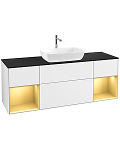 Villeroy und Boch Finion Waschtischunterschrank F862HFGF 160cm, Abdeckplatte black matt, Regale Gold matt lacquer, Glossy white lacquer