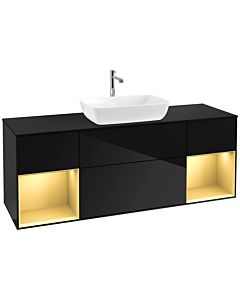Villeroy und Boch Finion Waschtischunterschrank F862HFPH 160cm, Abdeckplatte black matt, Regale Gold matt lacquer, Glossy Black Lacquer