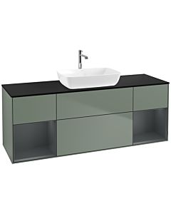 Villeroy und Boch Finion Waschtischunterschrank F862HGGM 160cm, Abdeckplatte black matt, Regale Midnight matt lacquer, Olive Matt Lacquer