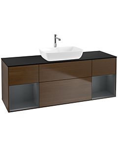 Villeroy und Boch Finion Waschtischunterschrank F862HGGN 160cm, Abdeckplatte black matt, Regale Midnight matt lacquer, Walnut veneer