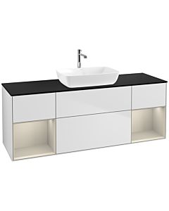 Villeroy und Boch Finion Waschtischunterschrank F862HHMT 160cm, Abdeckplatte black matt, Regale sand matt lacquer, White matt lacquer