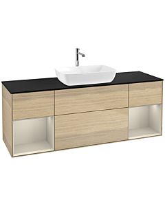 Villeroy und Boch Finion Waschtischunterschrank F862HHPC 160cm, Abdeckplatte black matt, Regale sand matt lacquer, Oak Veneer
