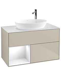 Villeroy und Boch Finion Waschtischunterschrank F891GFHH 100cm, Abdeckplatte white matt, Regale Glossy white lacquer, Sand Matt Lacquer