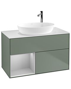 Villeroy und Boch Finion Waschtischunterschrank F891GJGM 100cm, Abdeckplatte white matt, Regale Light grey matt lacquer, Olive Matt Lacquer