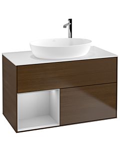 Villeroy und Boch Finion Villeroy und Boch F891GJGN 100cm, plaque de recouvrement blanc mat, étagères laqué gris clair mat, placage noyer