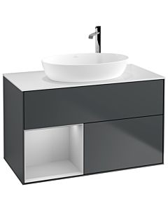 Villeroy und Boch Finion Waschtischunterschrank F891GJHG 100cm, Abdeckplatte white matt, Regale Light grey matt lacquer, Midnight Blue Matt Lacquer